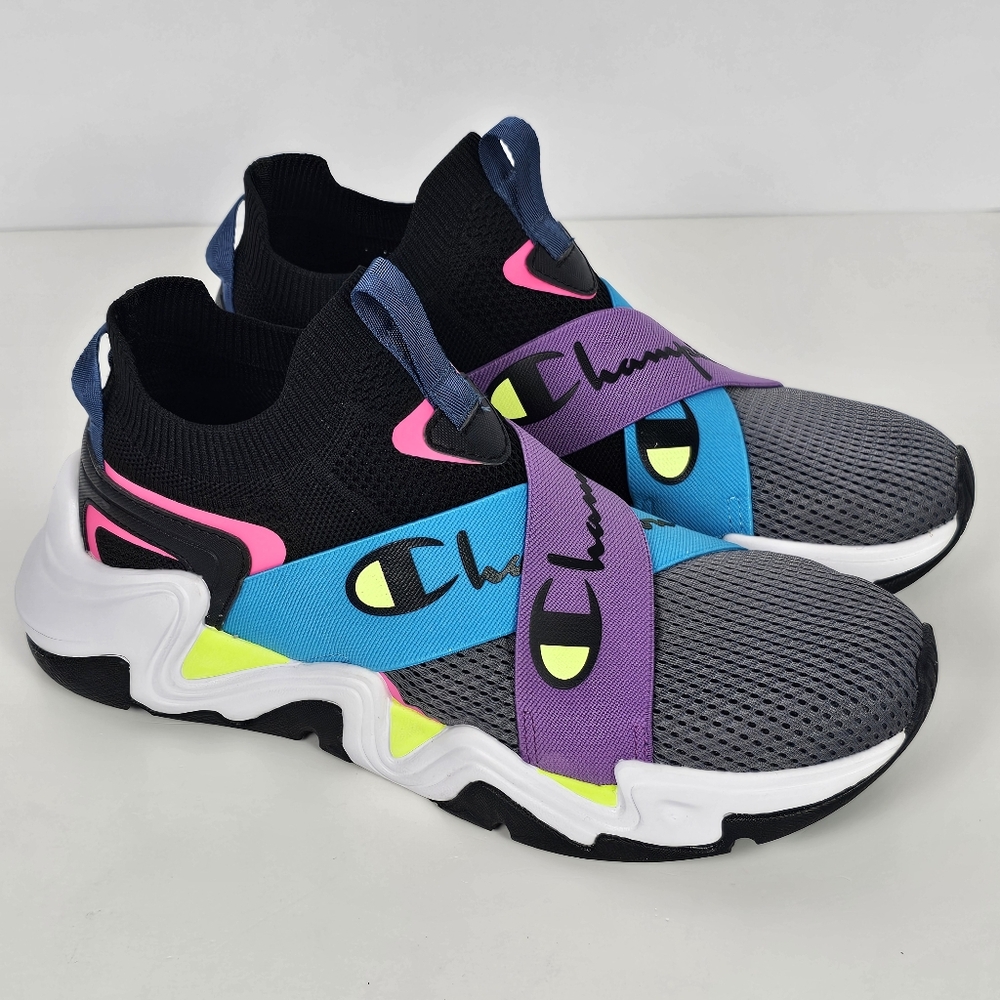 Champion Hyper Cross Strap Sneakers Men 9 Gray Black Multicolor Slip-On Athletic
